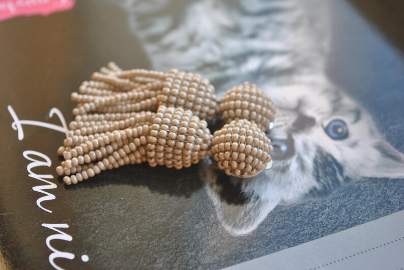 Long beige beaded tassel clip,Oscar de la Renta Long earrings Short tassel,long beaded tassel,SILVER stud 925,beaded tassel earrings