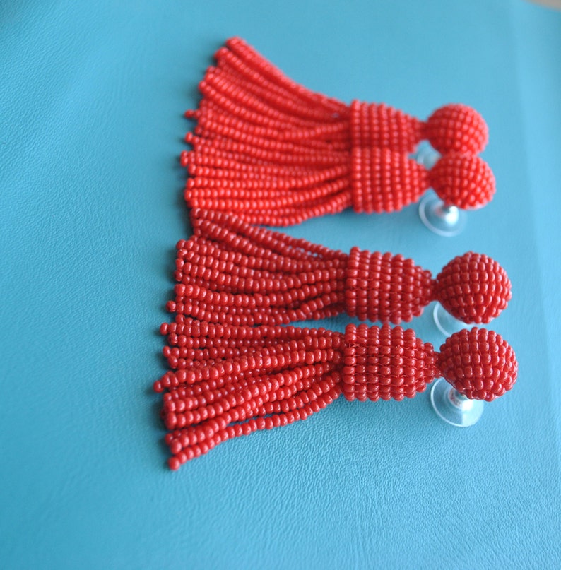 Long red,red garnet beaded tassel earrings,Oscar de la Renta style earrings,beaded tassel trending earrings,SILVER stud short beaded tassel