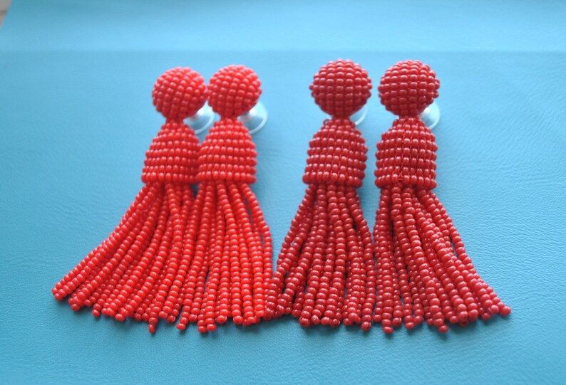 Long red,red garnet beaded tassel earrings,Oscar de la Renta style earrings,beaded tassel trending earrings,SILVER stud short beaded tassel