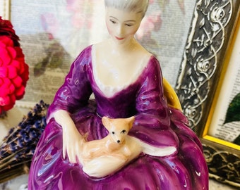 Royal Doulton Figurine Charlotte HN 2421, Vintage Home Decor, Mid-Century Modern Collectible in Pretty Purples and Pinks, Tea Drinker Gift