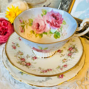 Royal Albert Pink Cabbage Roses Teacup in Pastel Blue, Rosamund Saucer, and Tranquility Plate, Vintage English Mismatched Tea Set