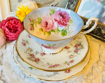 Royal Albert Pink Cabbage Roses Teacup in Pastel Blue, Rosamund Saucer, and Tranquility Plate, Pretty Vintage English Mismatched Tea Set