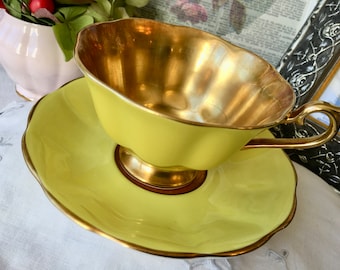 Teacup and Saucer with Gold Interior, Royal Albert Yellow Avon Shape, Vintage Collectible English Tea Set, Christmas Gift Idea