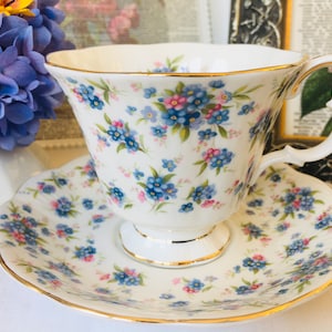 Royal Albert Blue and Pink Nell Gwynne Series Covent Garden Teacup and Saucer, Vintage English Tea Set Gift for Her