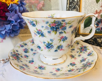 Royal Albert Blue and Pink Nell Gwynne Series Covent Garden Teacup and Saucer, Vintage English Tea Set Gift for Her, Tea Drinker Gift