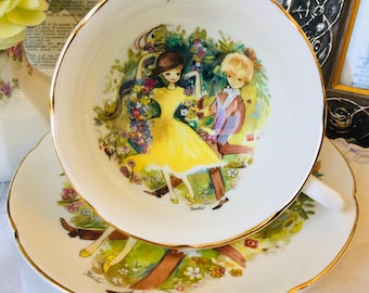 Courting Couple Royal Grafton Teacup and Saucer, Signed By Foster, Vintage English Tea Set, Gift for Her, English Countryside