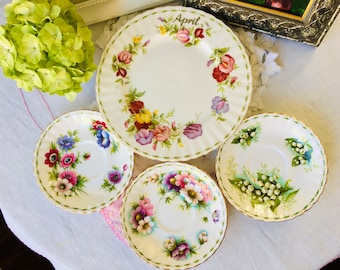 Royal Albert Flower of the Month Plate and Saucers, Anemones, Sweet Pea, Lily of the Valley and Cosmos, Tea Party or Birthday Gift Idea