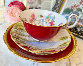 Red Aynsely Teacup, Paragon Cliffs of Dover Saucer, Red and Gold Plate, Mismatched Tea Set, One of a Kind Gift for Her