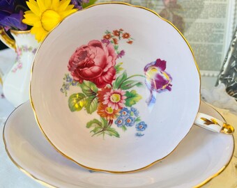 Paragon Teacup and Saucer Lilac with Large Pink Cabbage Rose and Purple Tulip, Double Warrant in a Wide Mouth, Vintage English Tea Set