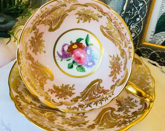 Paragon  Teacup and Saucer Pink and Gold  with Pink, Purple Blooms, Double Warranted Queen Mary, Heavy Gold, English Tea Set