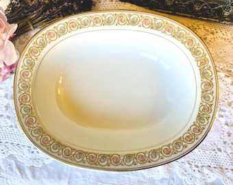 Limoges Oval Serving Bowl, Pink, Purple and Green Floral Band with Gold, French Antique Porcelain, Housewarming Gift Idea