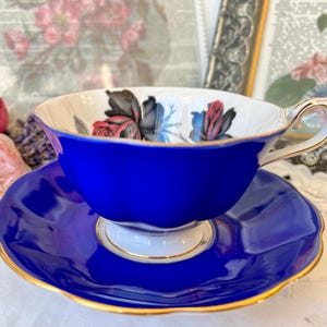 Royal Albert Masquerade Blue Teacup and Saucer, Red and Black Roses, Vintage English China, Collectible Tea Set