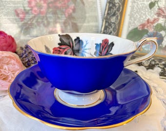 Royal Albert Masquerade Blue Teacup and Saucer, Red and Black Roses, Vintage English China,  Collectible Tea Set Gift for Her