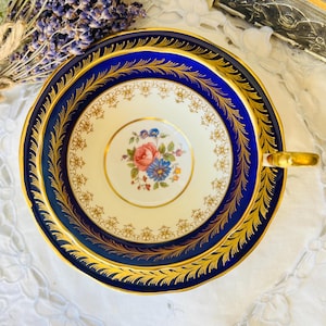 Cobalt Blue Aynsley Tea Cup and Saucer with Pink and Blue Floral, Gold and Cream Border with Gold Feather Trim, Vintage English Tea Set