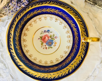 Cobalt Blue Aynsley Tea Cup and Saucer with Pink and Blue Floral, Gold and Cream Border with Gold Feather Trim, Vintage English Tea Set