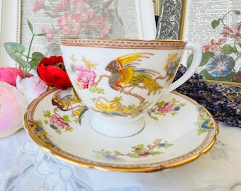 Bird of Paradise Teacup and Saucer Collingwood China, Pink and Yellow  Floral, Bird Watcher, Bird Lover Gift