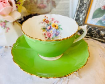 Coalport Green and Gold China Teacup and Saucer Signed P Granet Thick Gold Edging with Pretty Floral, Vintage Gift for Her, Tea Drinker Gift