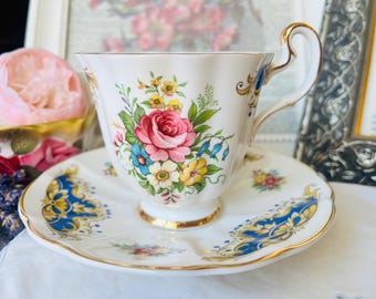 Blue and Gold Floral Adderley Teacup and Saucer, Pink Cabbage Rose, Made in England, Collectible Tea Cup, Christmas Gift