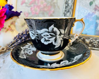 Black and White Rose Aynsley Quatrefoil Teacup and Saucer, Gold Trimmed, Gift for Her, Black and White China, Halloween Witches Brew Teacup