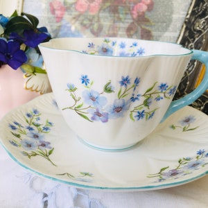 Shelley Blue Rock Teacup and Saucer, Light Blue Trim with Blue and White Floral, Cabinet Collection English Tea Set, Cheerful Birthday Gift