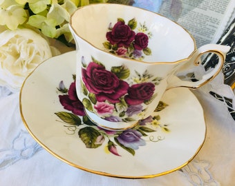 Elizabethan Flowers of the Season Red Roses Teacup and Saucer, Gold Brushed with Purple Floral, Mothers Day Gift, Tea Drinker Gift