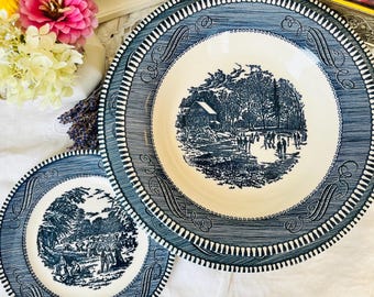 Blue and White Dinner Plate, Bowl, Small Plate by Currier and Yves, The Old Crist Mill and Early Winter, Vintage Home Shabby Chic Decor