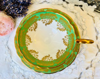 Royal Stafford Green and Gold Teacup and Saucer, Vintage English Tea Set with Gold Filigree, Bridal Gift for Her