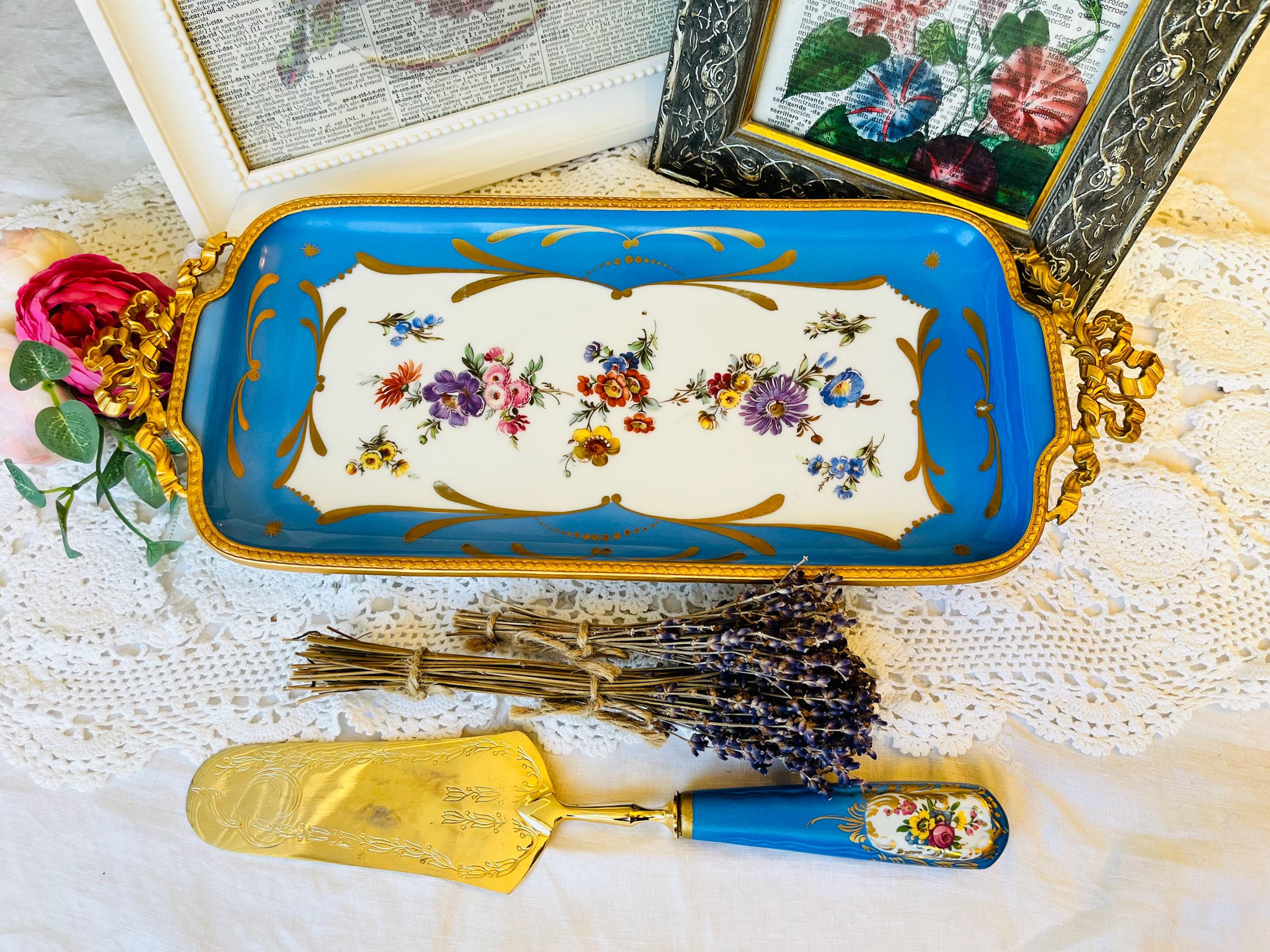 Blue Limoges Porcelain Tray With Bronze Handles & Cake Server