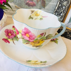 Shelley Dainty Blue Trim Begonia Teacup and Saucer, Vintage English Tea Set Cabinet Collection