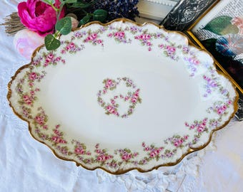 Elite Limoges France Oval Platter in Pink Bridal Rose, Scalloped Base, Antique Porcelain, French Country Decor