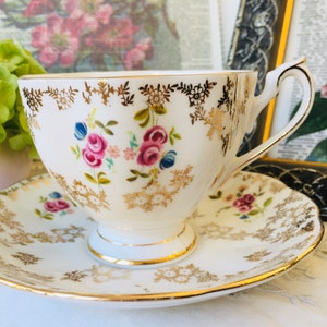 Queen Anne Teacup and Saucer, Wide Fluted Mouth with Gold and Pink Rosebuds, Vintage English Tea Set