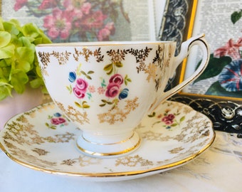 Queen Anne Teacup and Saucer, Wide Fluted Mouth with Gold and Pink Rosebuds, Vintage English Tea Set, Mother's Day Gift, Tea Drinker Gift