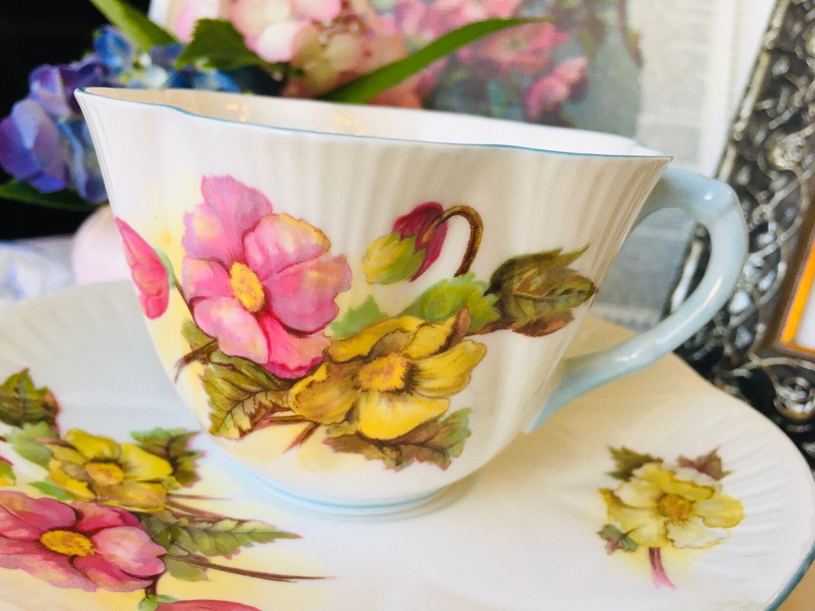 Shelley begonia Dainty Blue Trim Teacup and Saucer Etsy