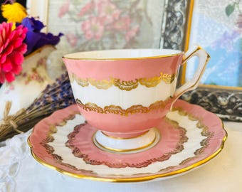 Pink Aynsley Tea Cup and Saucer with Gold Chintz Band in a Crocus Shape, Vintage English Tea Set, Pretty in Pink Christmas Gift Idea