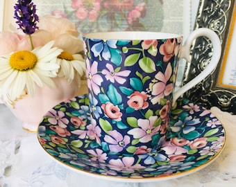 Royal Albert Nocturne Demitasse Espresso Cup and Saucer, Blue and Pink Floral Chintz, Coffee Lover Birthday Gift, Gifts Under 20