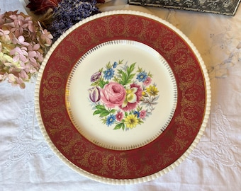 Red and Gold Ambassador Ware Athlone Dinner Plate, Wall Decor with Gold Trim, Cabbage Rose Floral Wall Plate Idea, Hostess Gift for Her