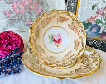 Paragon Tea Cup and Saucer Pink Rose Bird of Paradise Peach and Gold  Mismatched English Tea Set, Double Warranted Queen Mary, Replacements