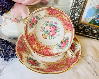 Coalport Montrose Pink and Gold Floral Teacup and Saucer, Bird of Paradise, Pink Roses Multicolored Floral, Bird Watcher, Tea Lover Gift
