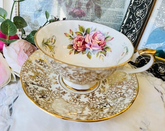 Elizabethan Gold Chintz Teacup and Saucer with Pink Roses, Vintage English Tea Set, Birthday Gift Idea, Tea Drinker Gift