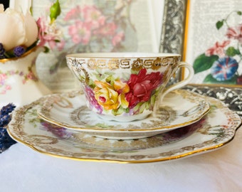 Antique Porcelain Teacup Saucer and Plate with Pink and Yellow Roses, Purple Floral, Eagle China Austria, Cottage Country Decor, Tea Gift