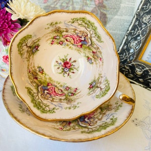 Paragon Tea Cup and Saucer Wide Mouth Antique Series Blush "Gainsborough" with Courting Couple, 1950s Vintage Cabinet Cup, English Tea Set