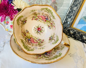 Paragon Tea Cup and Saucer Wide Mouth Antique Series Blush "Gainsborough" with Courting Couple, 1950s Vintage Cabinet Cup, English Tea Set