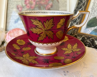Cranberry Red and Gold Leaf Tuscan Teacup and Saucer with Black Outlines, Vintage Fancy English Tea Set, Valentines Day Tea Party Gift