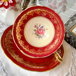 Aynsley Red And Gold Teacup Saucer with Pink Rose Centerpiece, Vintage English Tea Set