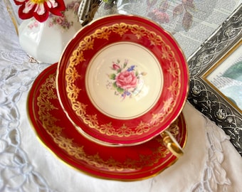 Aynsley Red And Gold Teacup Saucer with Pink Rose Centerpiece, Vintage English Tea Set, Birthday Gift Idea, Christmas Gift, Tea Drinker Gift