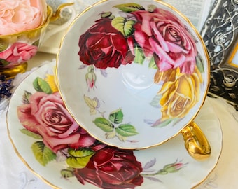 Aynsley Triple Cabbage Roses Teacup and Saucer As Is, Oban Shape with Gold Trim, English Vintage Tea Set, Collectible China Tea Set, Signed