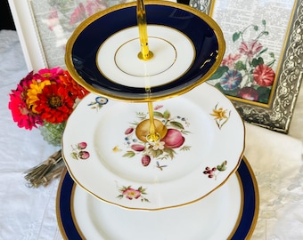 Decadent Cobalt Blue and Gold Mismatched Tiered Cake Stand, Royal Doulton, Royal Worcester and Coalport, Housewarming or Christmas Gift