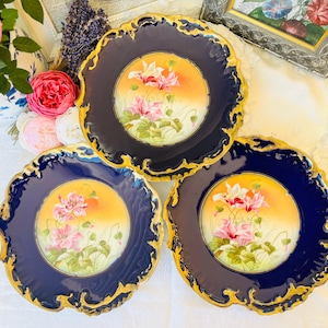 アンティーク R. デリニエール リモージュ磁器プレート コバルトブルーにゴールド、ピンクの花柄、手描き、フレンチカントリー風ホームデコレーション