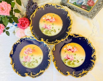 Antique R. Delinieres Limoges Porcelain Plates in Cobalt Blue with Gold, Pink Floral, Hand Painted, French Country Home Decor