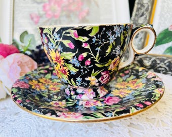 Royal Winton Black Nantwich Teacup and Saucer, Black and Pink Floral Chintz, Rare Antique Find, Cabinet Display China, AS IS